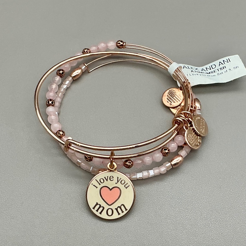 Alex And Ani Bangle Bracelet Set Women Pink I Love You Mom Beaded Charm 3pc 78c